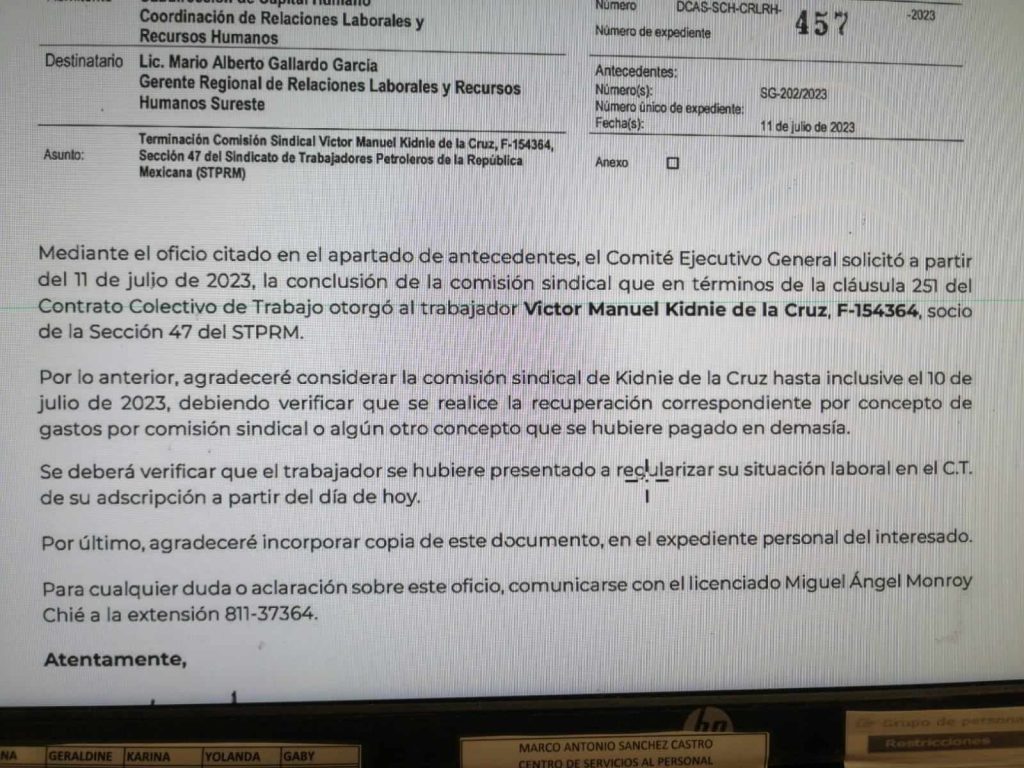 Cesan a Víctor Kidnie de la Cruz de su comisión en la Sección 47 del STPRM de Ciudad del Carmen