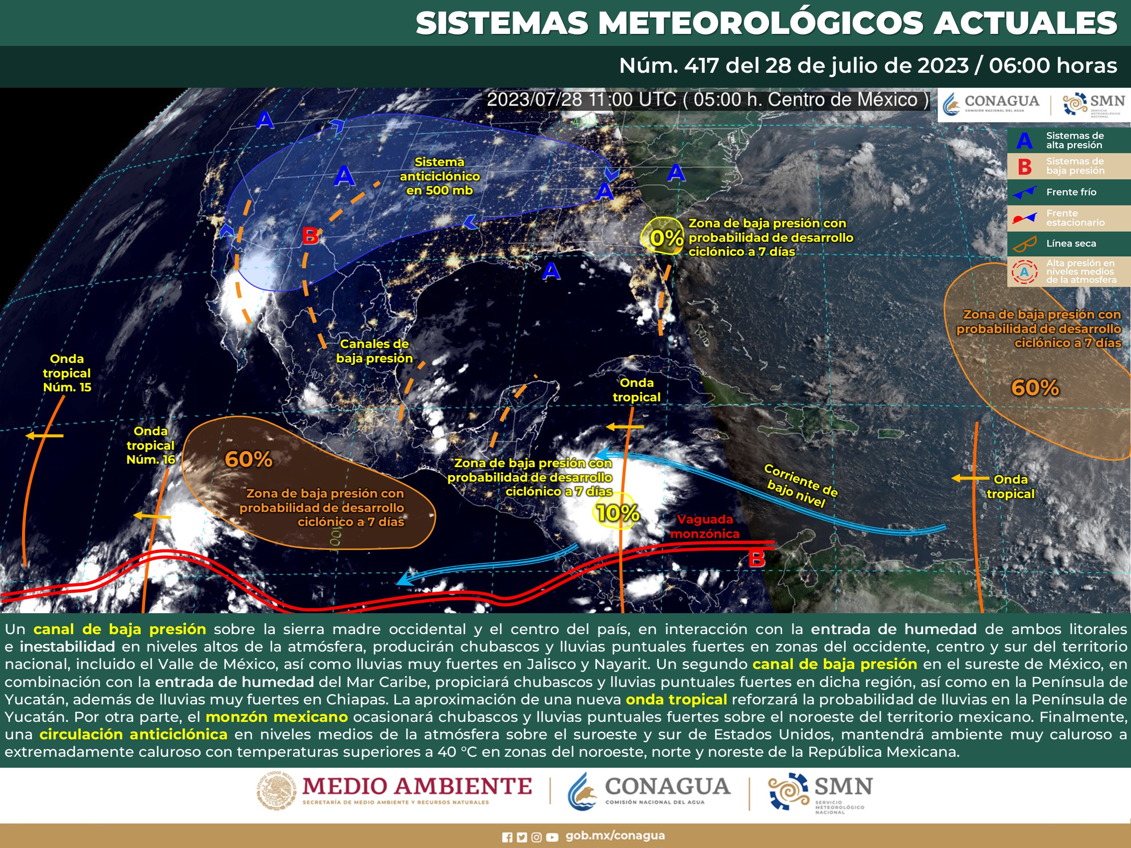 SMN prevé lluvias fuertes en Nayarit, Jalisco y Chiapas