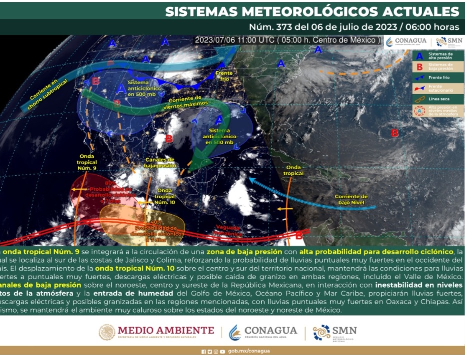 El SMN prevé, que las ondas tropicales 9 y 10 causarán lluvias fuertes en occidente, centro y sur del país