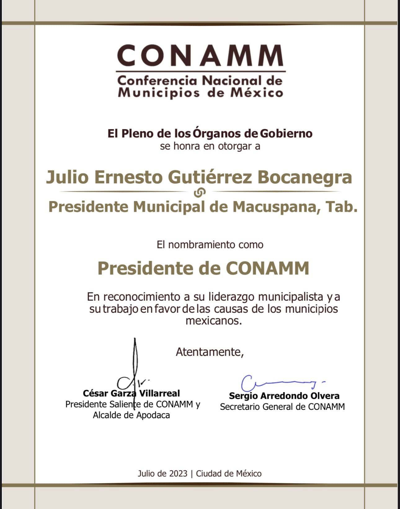Julio Gutiérrez Bocanegra, alcalde de Macuspana, Tabasco, asumió la Presidencia de la Conferencia Nacional de Municipios de México (CONAMM)