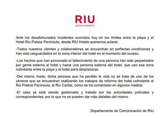 FGE de Quintana Roo y la cadena Riu dieron un comunicado sobre la ejecución en la Zona Hotelera