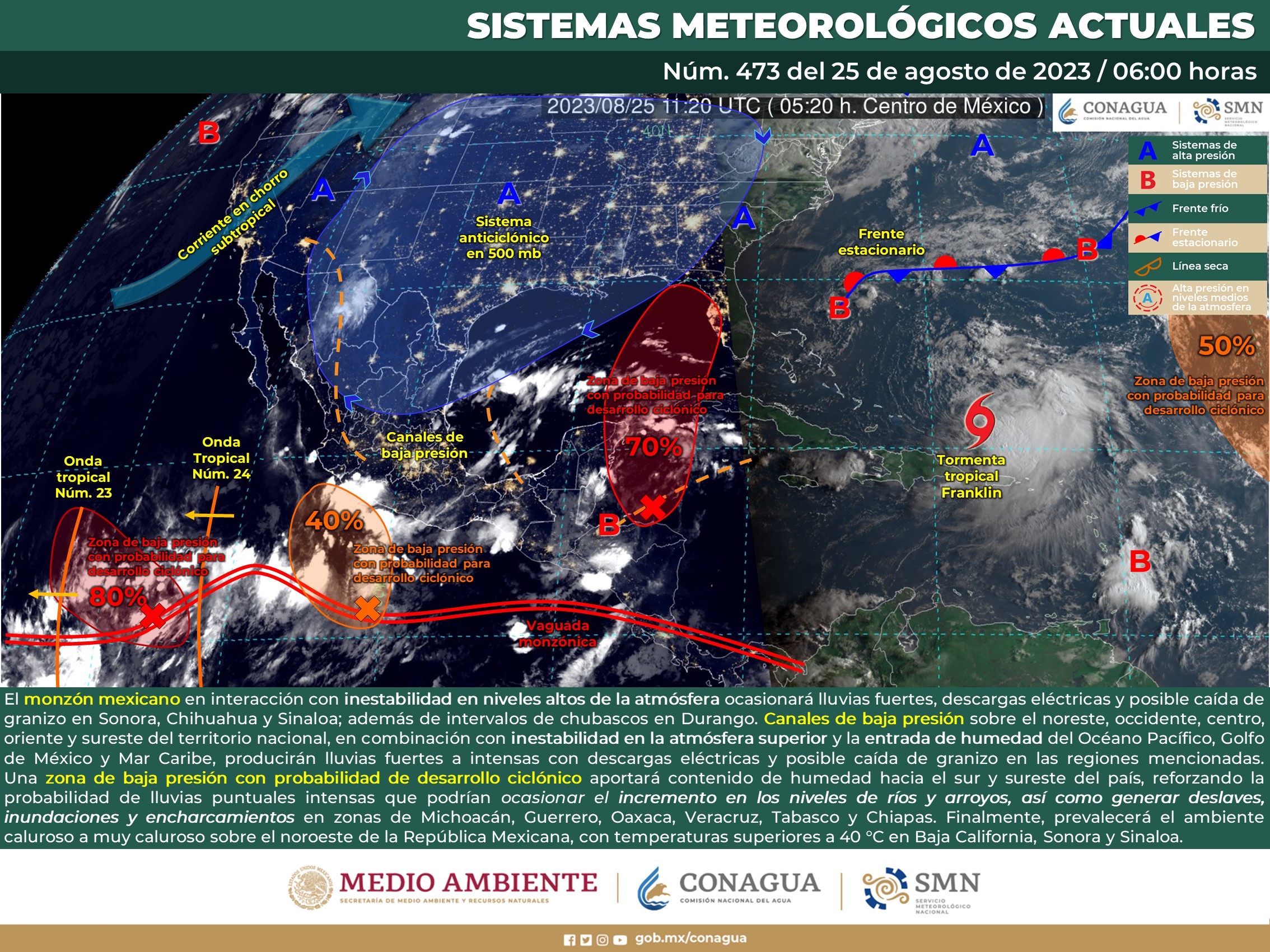 Así msmo el monzón mexicano ocasionará lluvias fuertes en Sonora, Chihuahua y Sinaloa