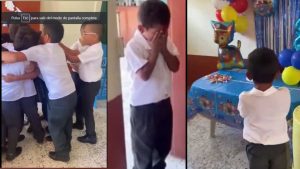 Visiblemente conmovido, cubre su rostro con las manos y no puede contener las lágrimas