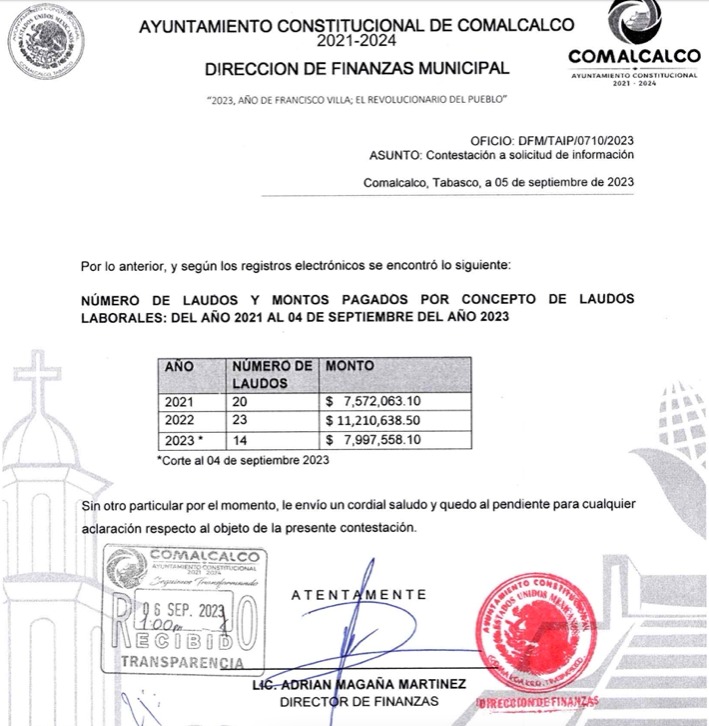 omalcalco, señala que se han erogado pagos por $26,780,259.70 pesos