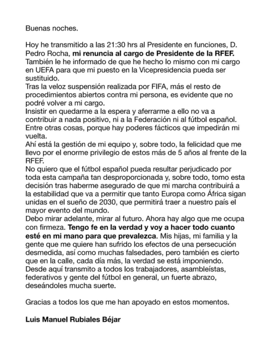 Luis Rubiales renunció como presidente de la RFEF: Aquí su carta de renuncia