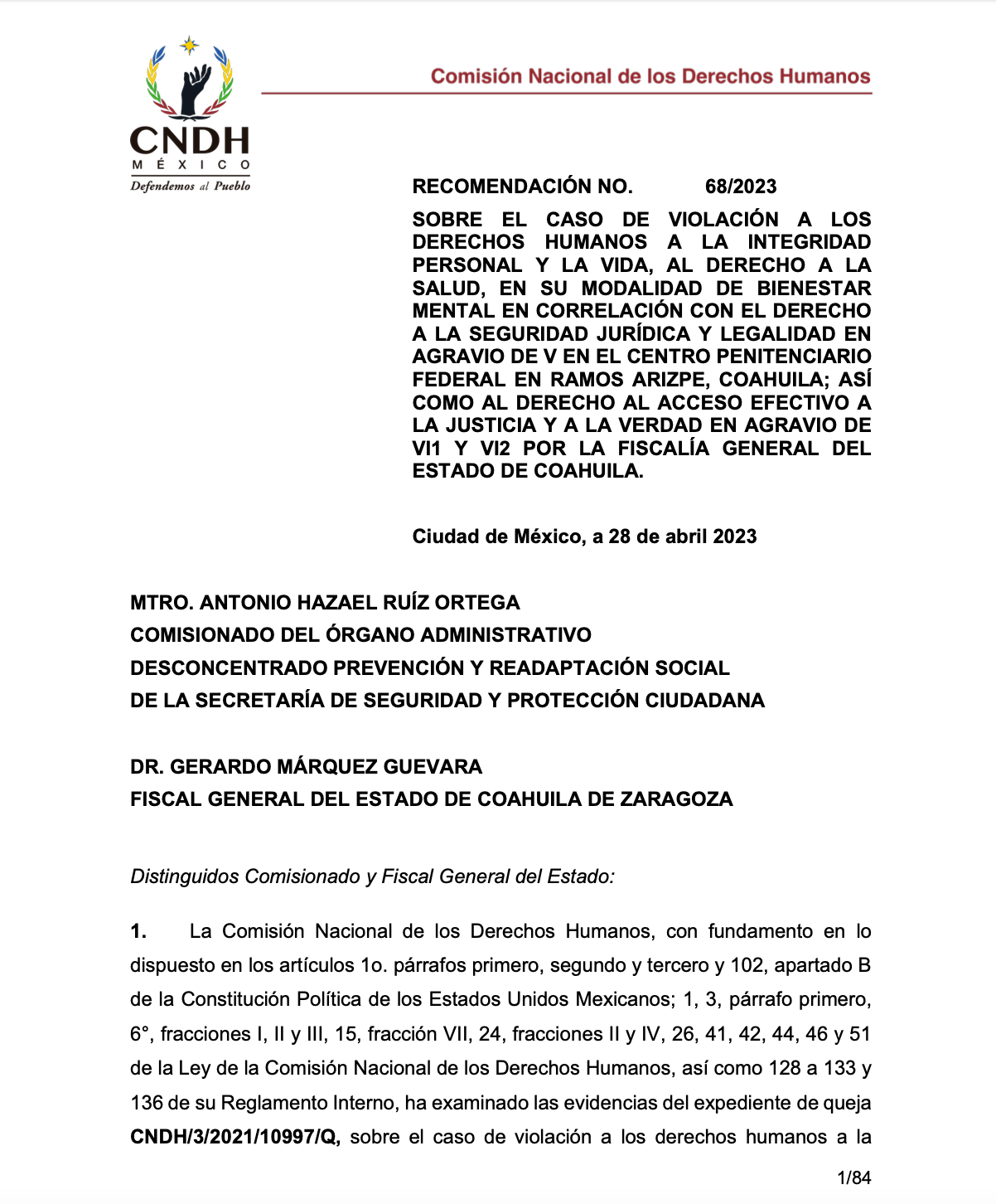 Comisión Nacional de los Derechos Humanos emitió la Recomendación 68/2023