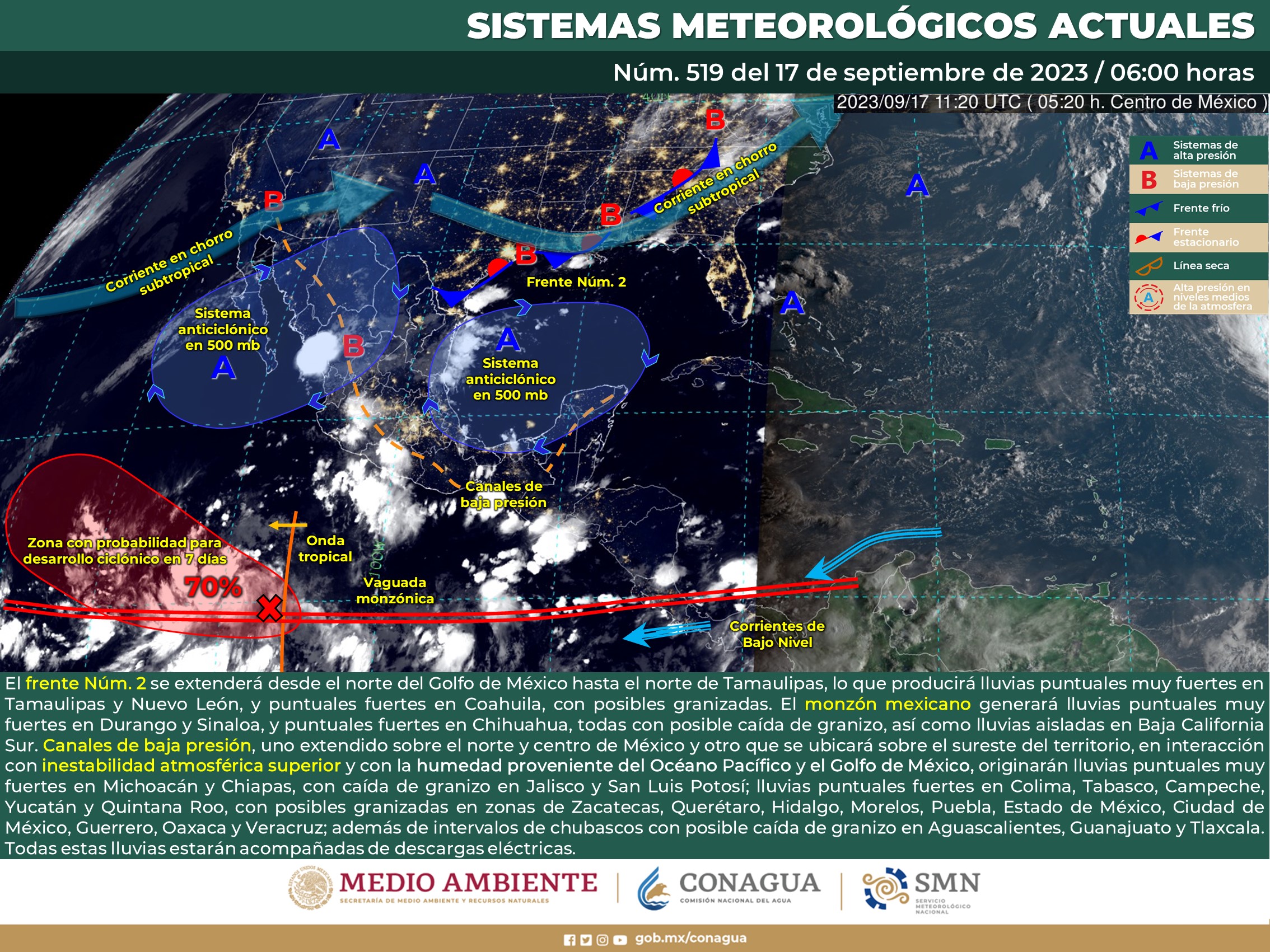 SMN prevé lluvias fuetes en Sinaloa, Durango, Nuevo León, San Luis Potosí, Tamaulipas, Nayarit, Jalisco, Michoacán y Chiapas