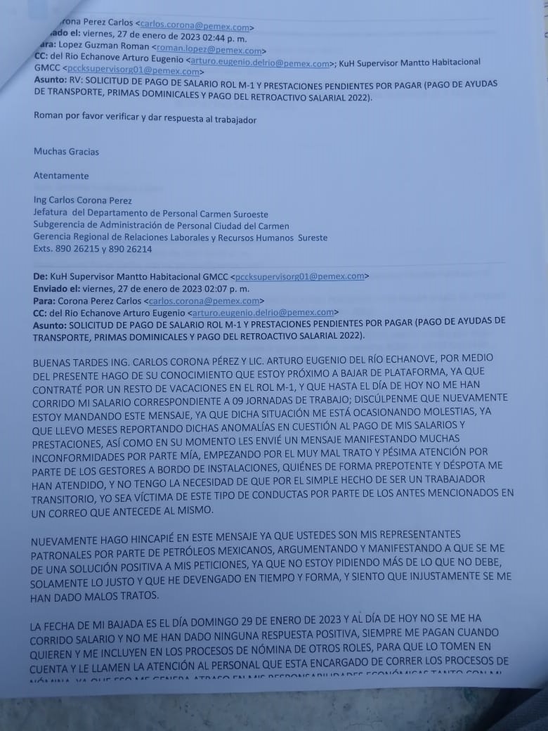 Petrolero denuncia irregularidades en el Área de Relaciones Laborales de la Región Marina Suroeste de Ciudad del Carmen