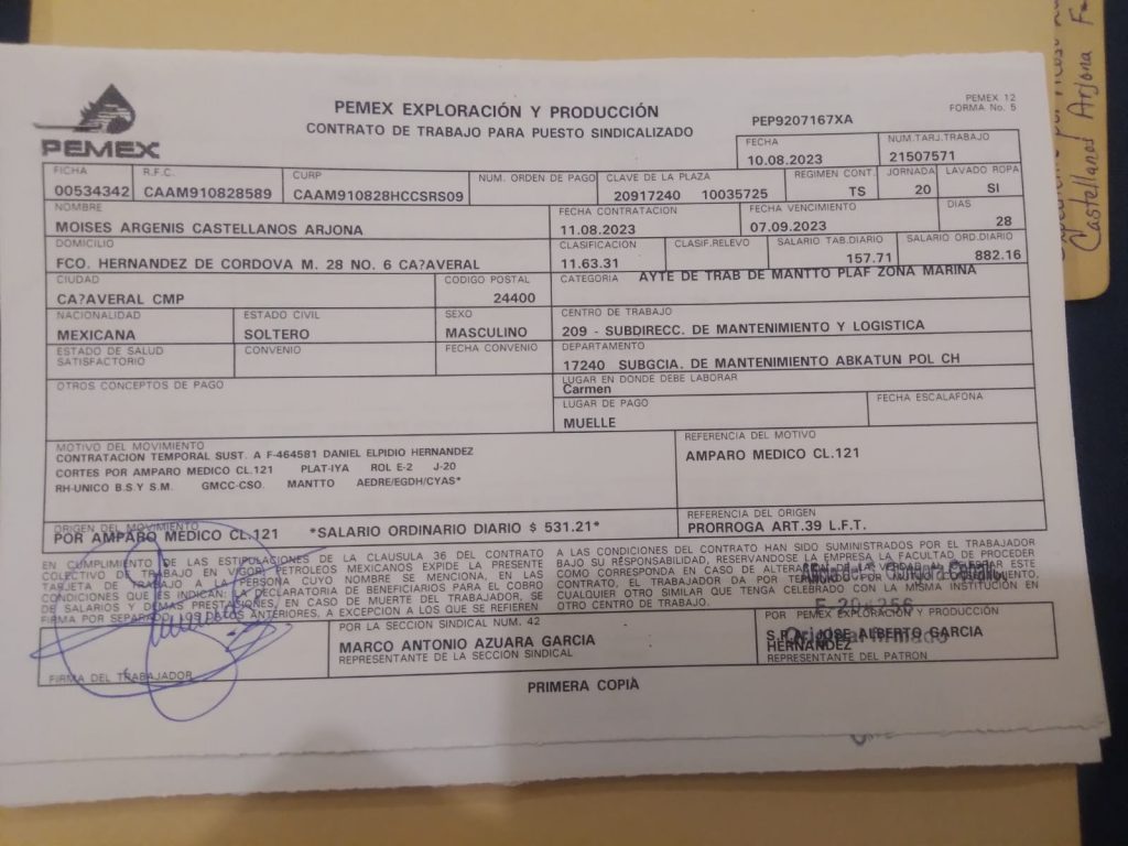 Petrolero denuncia irregularidades en el Área de Relaciones Laborales de la Región Marina Suroeste de Ciudad del Carmen