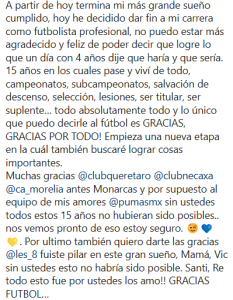 Esto fue lo que puso David Cabrera en sus redes sociales sobre su decisión de retirarse del fútbol. 