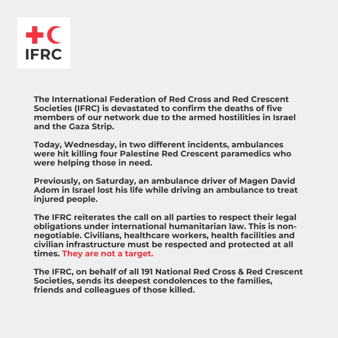 Confirma Federación de la Cruz Roja la muerte de 5 miembros en Israel 