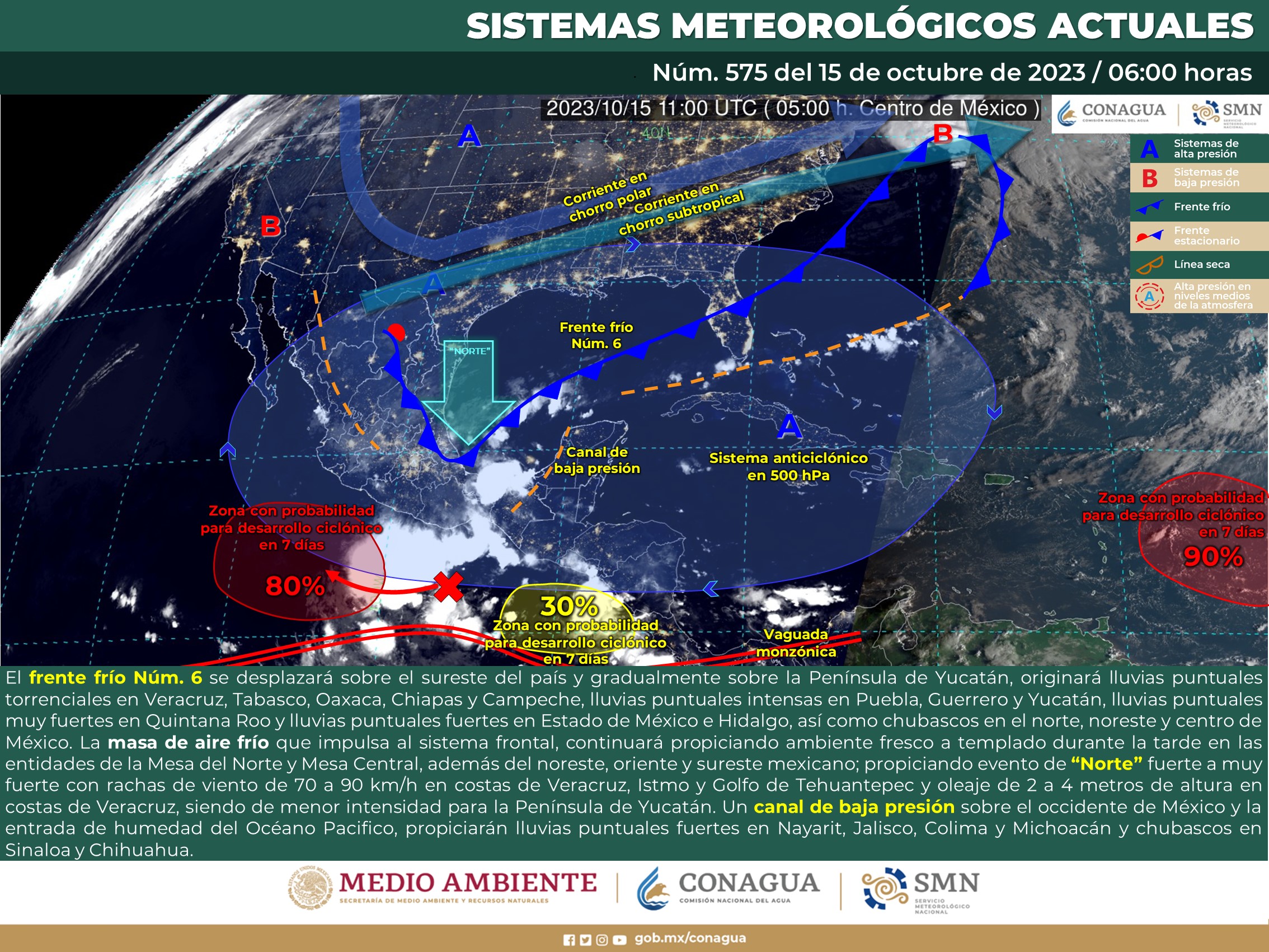 SMN prevé lluvias puntuales torrenciales en Veracruz, Tabasco, Oaxaca, Chiapas y Campeche
