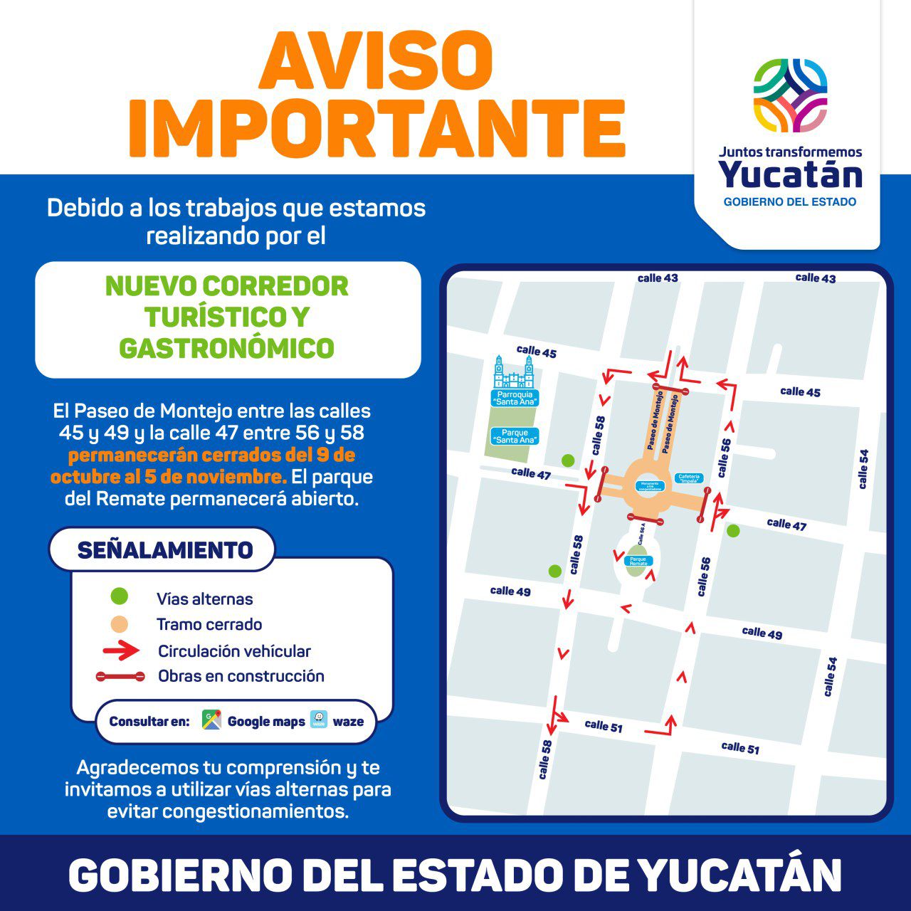Remate de Paseo de Montejo: se cerrará la circulación vehicular a partir del lunes 9 de octubre.