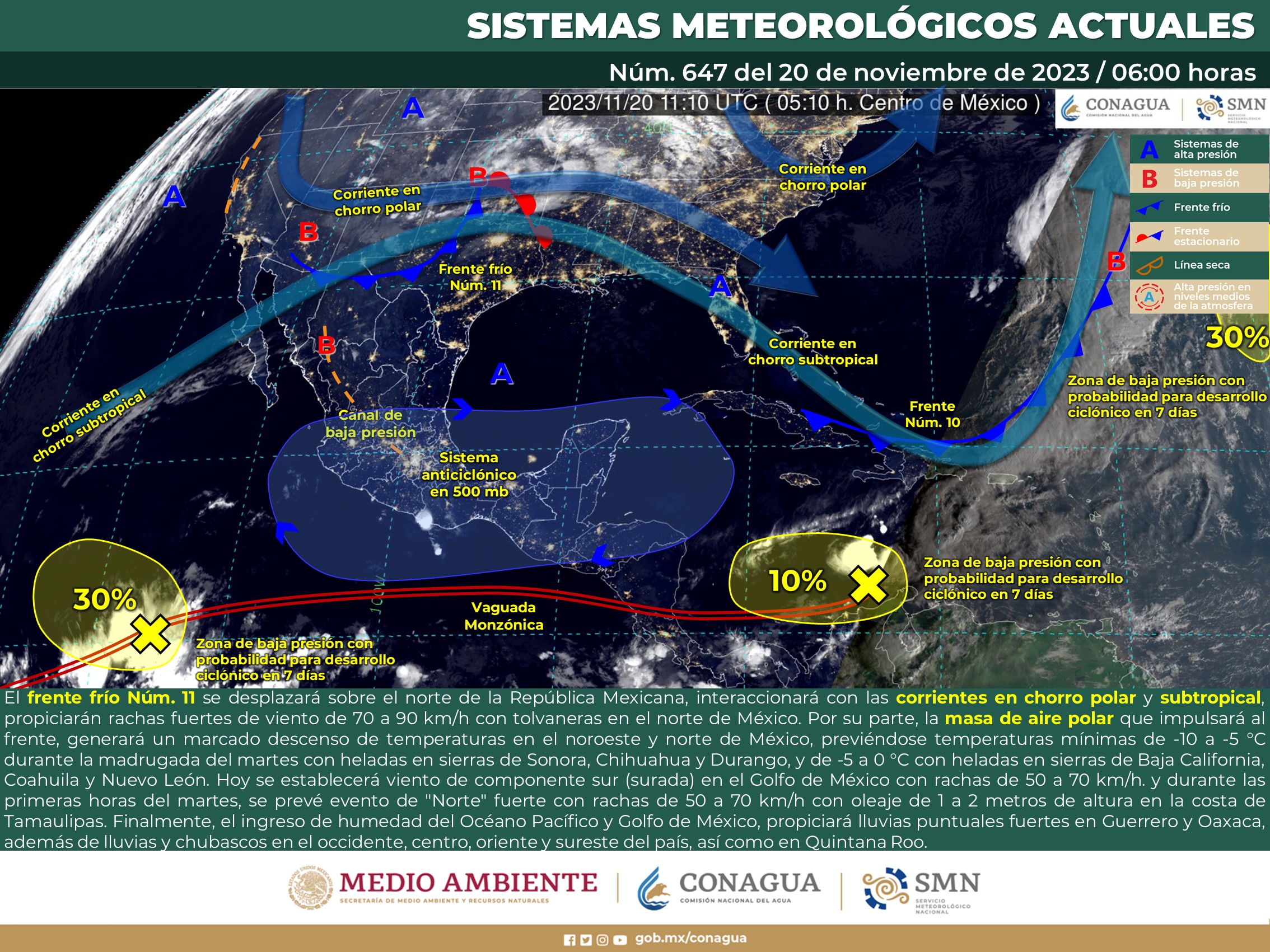 Asimismo, fuertes vientos en Baja California, Sonora Durango, Chuhuahua y Coahuila