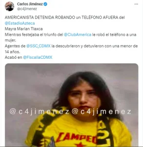 Esta fue la aficionada del América que aprovechó los descuidos de los aficionados en los festejos por el campeonato del América, para robar sus celulares. La mujer fue descubierta y detenida.