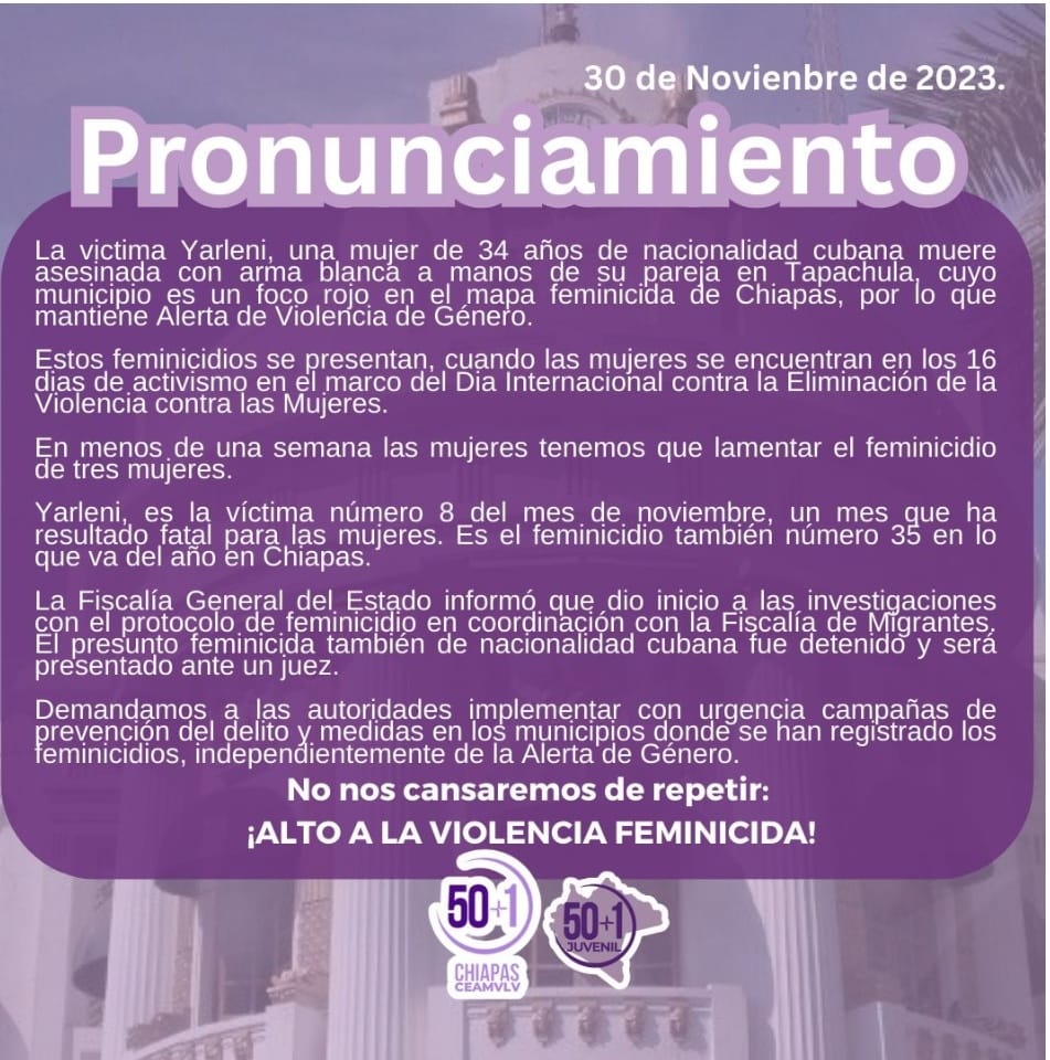 Dicha organización destacó en un comunicado que esos feminicidios se presentan, cuando las mujeres se encuentran en los 16 días de activismo 