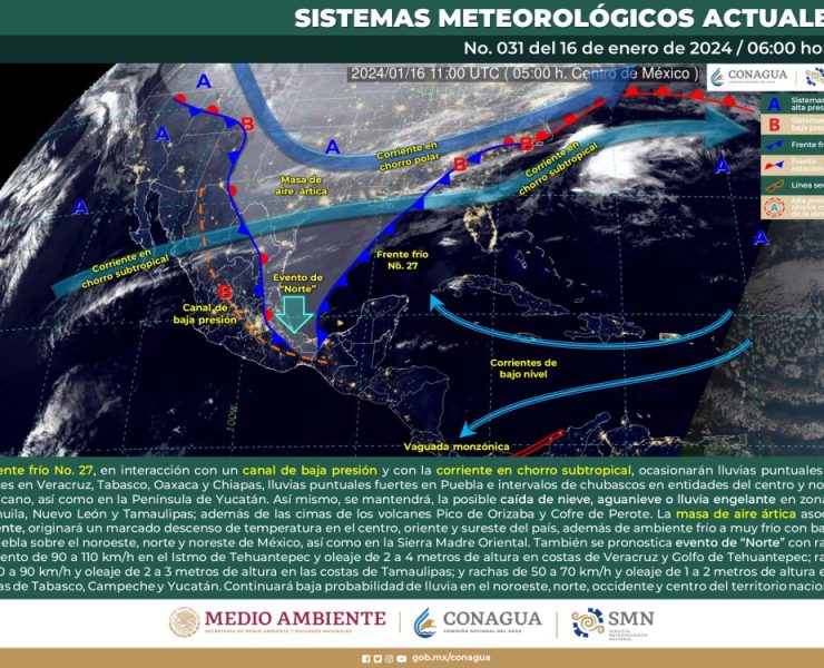 El SMN, prevé lluvias fuertes y evento de norte sobre el sureste del país
