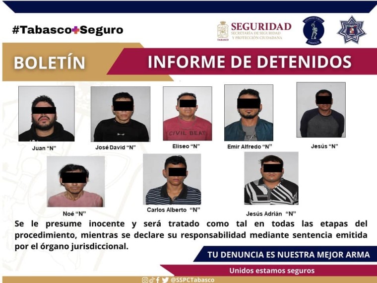 Detenidos 8 presuntos delincuentes implicados en asaltos a comercios en Villahermosa,
