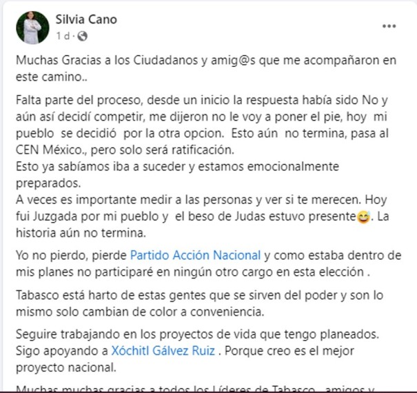 Silvia Cano González rechaza candidatura de Beaurregard de los Santos