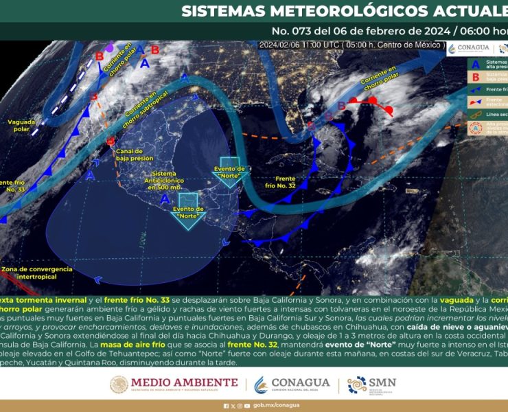 El SMN prevé que la Sexta Tormenta Inverna y el FF 33 ocasionan lluvias fuertes