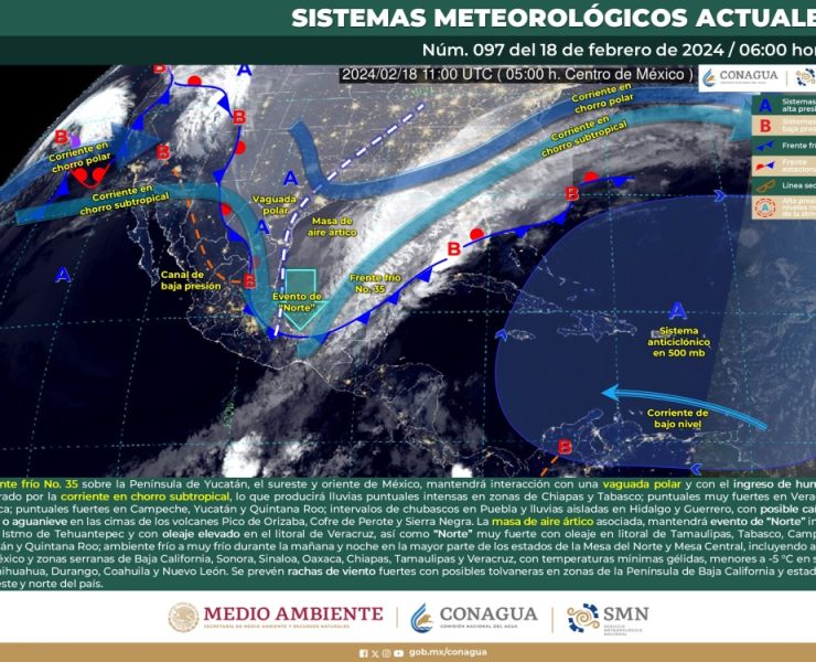 SMN prevé lluvias intensas en Chiapas y Tabasco y caída de nieve o aguanieve en montañosas de Veracruz y sureste de puebla