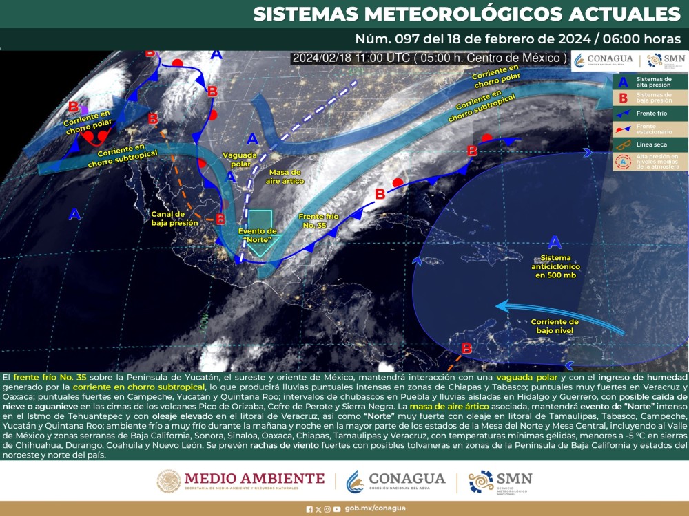 SMN prevé lluvias intensas en Chiapas y Tabasco y caída de nieve o aguanieve en montañosas de Veracruz y sureste de puebla