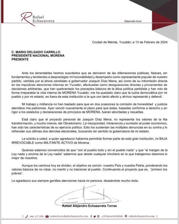 Diputado Rafael Echazarreta renuncia a MORENA y lidera Movimiento "Voto Anti-Huacho" con el PRI