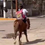 Niña ataviada con su uniforme escolar, llevando su mochila mientras guía con destreza a su fiel pony