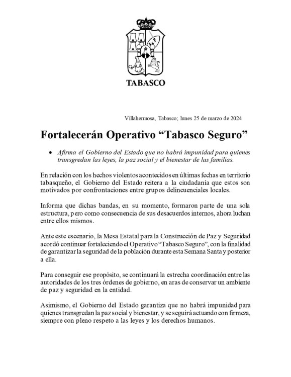 Comunicado del Gobierno de Tabasco.