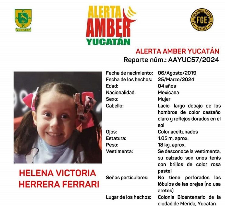 Alerta Amber por la desaparición de HELENA VICTORIA HERRERA FERRARI