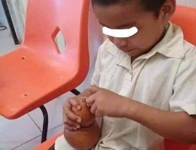Niño yucateco utiliza un calabazo como botellón