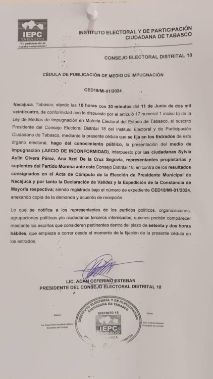Morena impugna elección de la alcaldía de Nacajuca
