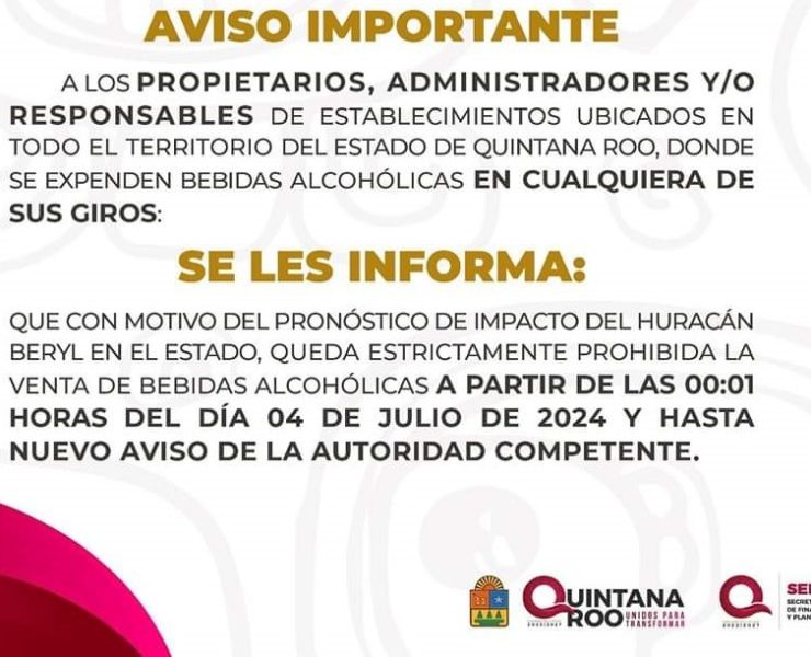 Prohíben venta de alcohol en Quintana Roo desde jueves por la entrada del huracán "Beryl"