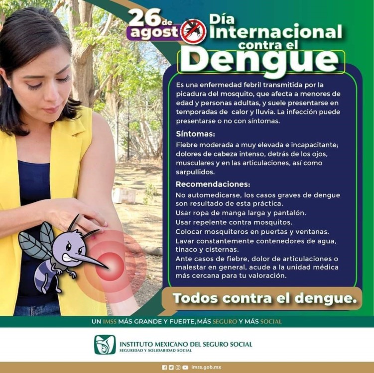 El Instituto Mexicano del Seguro Social (IMSS) en Yucatán orienta sobre signos y síntomas de esta enfermedad viral, que se transmite por la picadura del mosco Aedes Aegypti