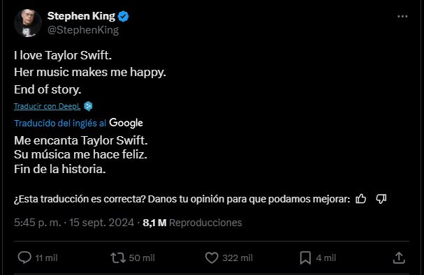 Stephen King Apoya a Taylor Swift: La Declaración del Maestro del Terror