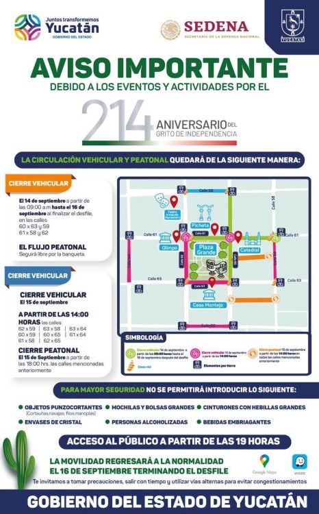 Seguridad y accesos en el Centro Histórico para los eventos del 15 de septiembre en Mérida