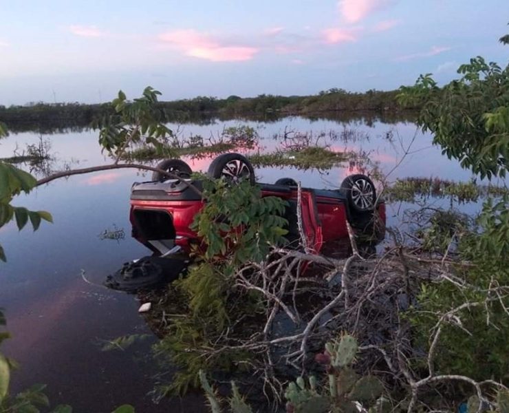 Auto cae a la Ciénega de Chicxulub Puerto evitó atropellar a un perro
