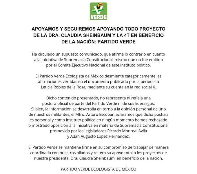 El PVEM reafirma su respaldo a la agenda de la 4T y a la presidenta Claudia Sheinbaum