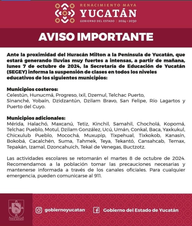 Suspensión de clases en Mérida 7 de octubre