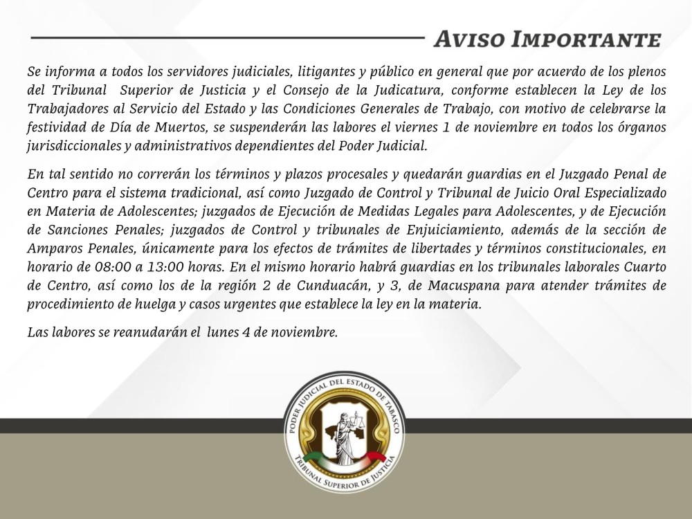 Aviso del Poder Judicial de Tabasco