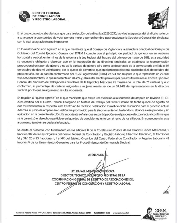 dictamen judicial en elección sindical de Pemex