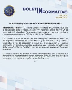 Este es el comunicado que emitió la Fiscalía General del Estado de Tabasco, tras encontrar el cuerpo del periodista.