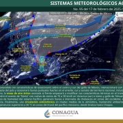 Frente frío No. 27 y masa de aire ártico provocan lluvias y vientos fuertes en el sureste de México
