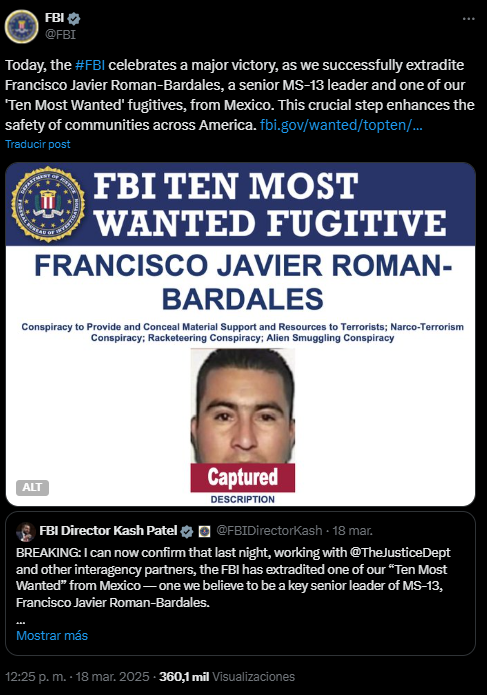Extradición a E.E.U.U. de líder de la MS-13