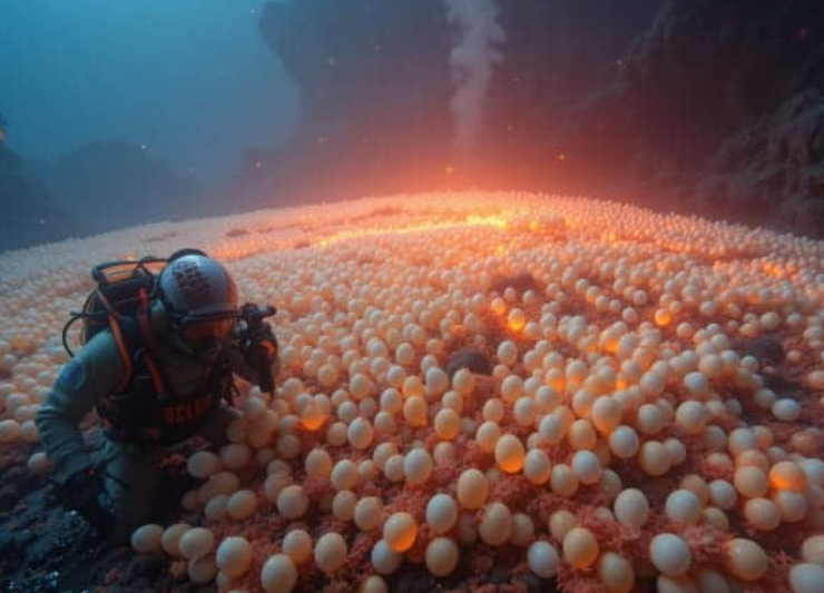 ¡Descubren un volcán cubierto de huevos gigantes en el fondo del mar!
