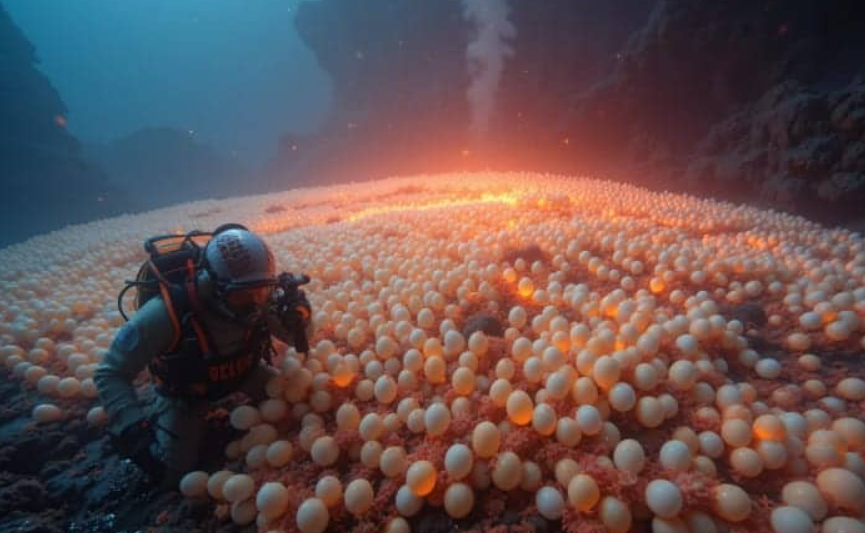 ¡Descubren un volcán cubierto de huevos gigantes en el fondo del mar!