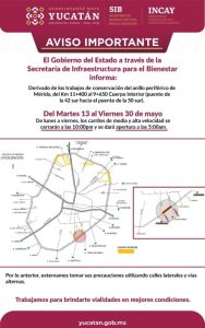 Anuncian cierre temporal en un tramo del Anillo Periférico de Mérida