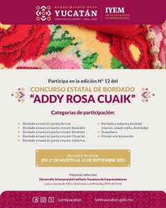 Las categorías de participación son: bordado a mano en punto de cruz, bordado a mano en puntada de rescate, bordado a máquina de pedal, guayabera, y se estableció una nueva categoría llamada innovación.