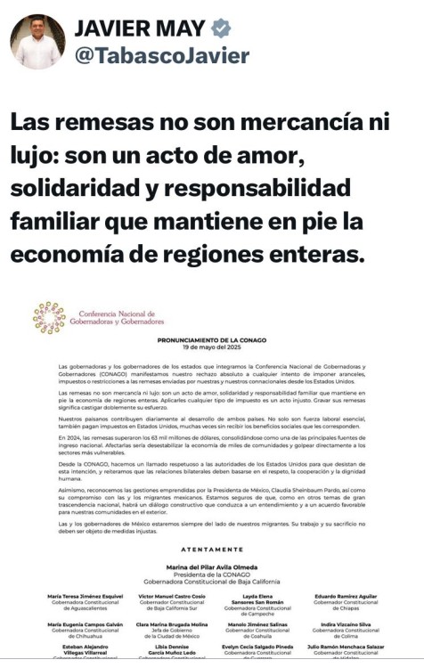 Javier May respalda postura de la CONAGO