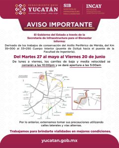 Fechas y horario del cierre temporal de un tramo del Periférico de Mérida, por trabajos de Repavimentación.